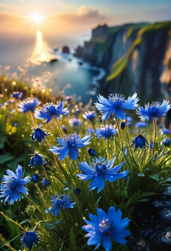 Intricate details, detailed, realism, a close up floral of Anemone /Cornflowers at nature. The first rays of sunlight in the morning，Dew drops on  flowers on the cliff，(sunrise，Halo)，Beautiful picture，HD Wallpapers，Natural light, dramatic, Source reality,