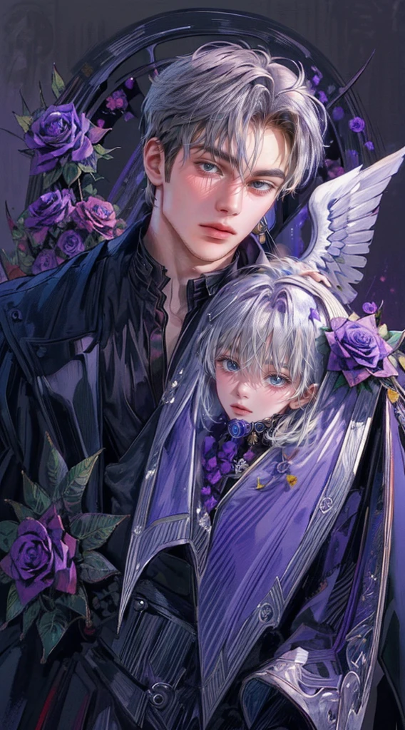 ((4K works))、masterpiece、(top-quality)、((high-level image quality))、((One Beautiful Fallen Angel Man))、Slim body、((Vampire Black Y-Shirt Fashion))、(Detailed beautiful eyes)、((Purple roses and crows on fantastic black background))、Inside the Evil Castle、((Face similar to Chaewon in Ruseraphim))、((short-haired))、(((bright silver hair)))、((Smaller face))、((Neutral face))、((Purple Eyes))、((Korean Male))、((18year old))、((wild boy))、((Bad look))、((Show your teeth and smile))、((Korean makeup with black eyeshadow))、((elongated and sharp eyes))、((Shot alone))、((Fallen angels))、Photos of fallen angels、Villain、Dark Proof、((Shot diagonally from the side))、Fallen Angel Pose