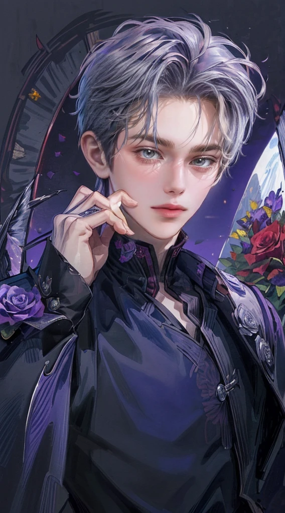 ((4K works))、​masterpiece、（top-quality)、((high-level image quality))、((One Beautiful Fallen Angel Man))、Slim body、((Vampire Black Y-Shirt Fashion))、(Detailed beautiful eyes)、((Purple roses and crows on fantastic black background))、Inside the Evil Castle、((Face similar to Chaewon in Ruseraphim))、((short-haired))、(((bright silver hair)))、((Smaller face))、((Neutral face))、((Purple Eyes))、((Korean Male))、((18year old))、((wild boy))、((Bad look))、((Show your teeth and smile))、((Korean makeup with black eyeshadow))、((elongated and sharp eyes))、((Shot alone))、((Fallen angels))、Photos of fallen angels、Villain、Dark Proof、((Shot diagonally from the side))、Fallen Angel Pose