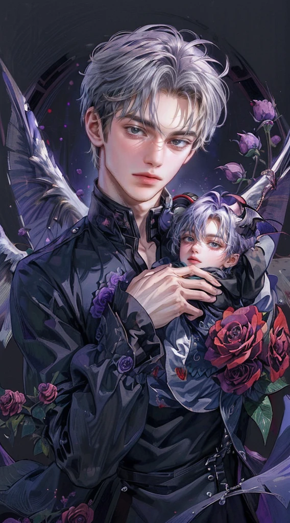 ((4K works))、masterpiece、(top-quality)、((high-level image quality))、((One Beautiful Fallen Angel Man))、Slim body、((Vampire Black Y-Shirt Fashion))、(Detailed beautiful eyes)、((Purple roses and crows on fantastic black background))、Inside the Evil Castle、((Face similar to Chaewon in Ruseraphim))、((short-haired))、(((bright silver hair)))、((Smaller face))、((Neutral face))、((Purple Eyes))、((Korean Male))、((18year old))、((wild boy))、((Bad look))、((Show your teeth and smile))、((Korean makeup with black eyeshadow))、((elongated and sharp eyes))、((Shot alone))、((Fallen angels))、Photos of fallen angels、Villain、Dark Proof、((Shot diagonally from the side))、Fallen Angel Pose