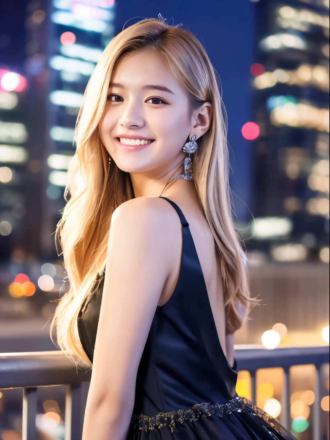 (8k, Top quality, Masterpiece:1.2), (Realistic, photo-realistic:1.37), Super detailed, perfect anatomy, cute, small eyes, semi-formal dress, 18-years old, a Japanese, girl, blonde, at night, cityscape, smile, earrings,