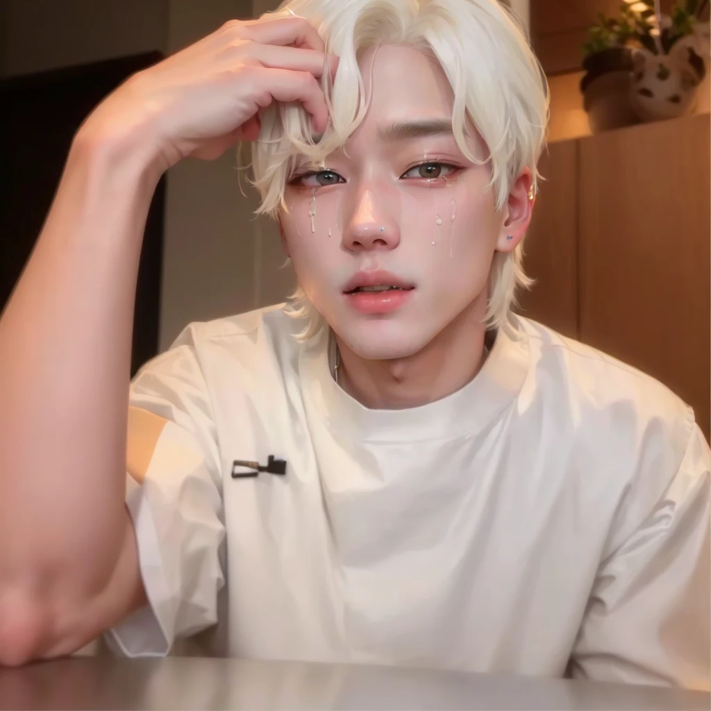 A blond boy with white hair sitting at a table in a white shirt., xqc, Jimin\his right eyelid is swollen, Jung Jaehyun, giga chad crying, Taejune Kim, sometimes ulzzang, kim doyoung, jinyoung shin, Yanjun Chengt, pale korean adorable face, taehyung eating gucci fries, inspired by jeonseok lee, accurate Jimin face