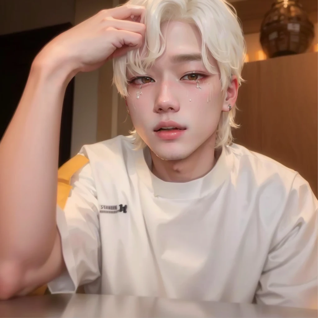 A blond boy with white hair sitting at a table in a white shirt., xqc, Jimin\his right eyelid is swollen, Jung Jaehyun, giga chad crying, Taejune Kim, sometimes ulzzang, kim doyoung, jinyoung shin, Yanjun Chengt, pale korean adorable face, taehyung eating gucci fries, inspired by jeonseok lee, accurate Jimin face