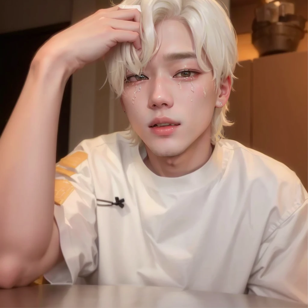 A blond boy with white hair sitting at a table in a white shirt., xqc, Jimin\his right eyelid is swollen, Jung Jaehyun, giga chad crying, Taejune Kim, sometimes ulzzang, kim doyoung, jinyoung shin, Yanjun Chengt, pale korean adorable face, taehyung eating gucci fries, inspired by jeonseok lee, accurate Jimin face