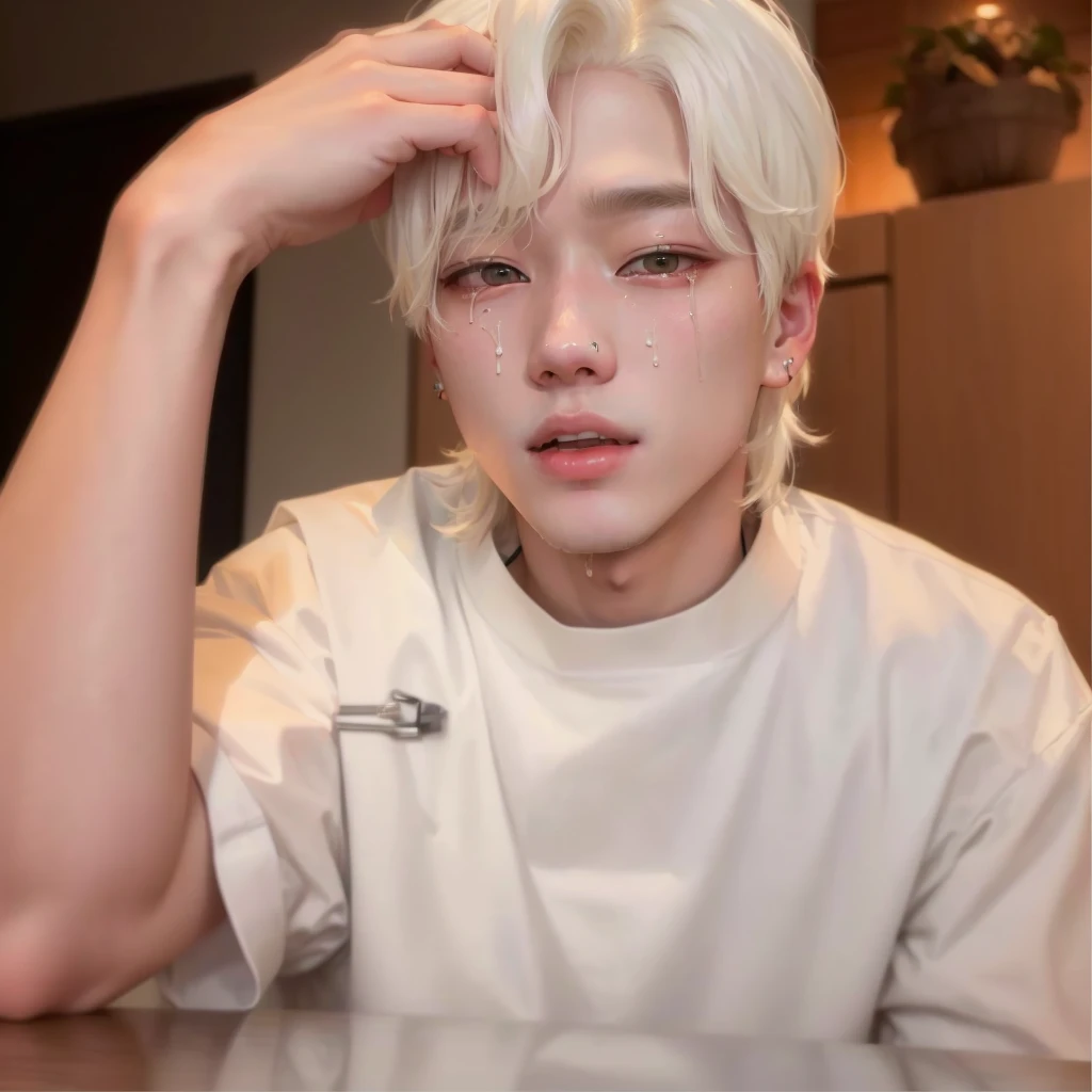 A blond boy with white hair sitting at a table in a white shirt., xqc, Jimin\his right eyelid is swollen, Jung Jaehyun, giga chad crying, Taejune Kim, sometimes ulzzang, kim doyoung, jinyoung shin, Yanjun Chengt, pale korean adorable face, taehyung eating gucci fries, inspired by jeonseok lee, accurate Jimin face