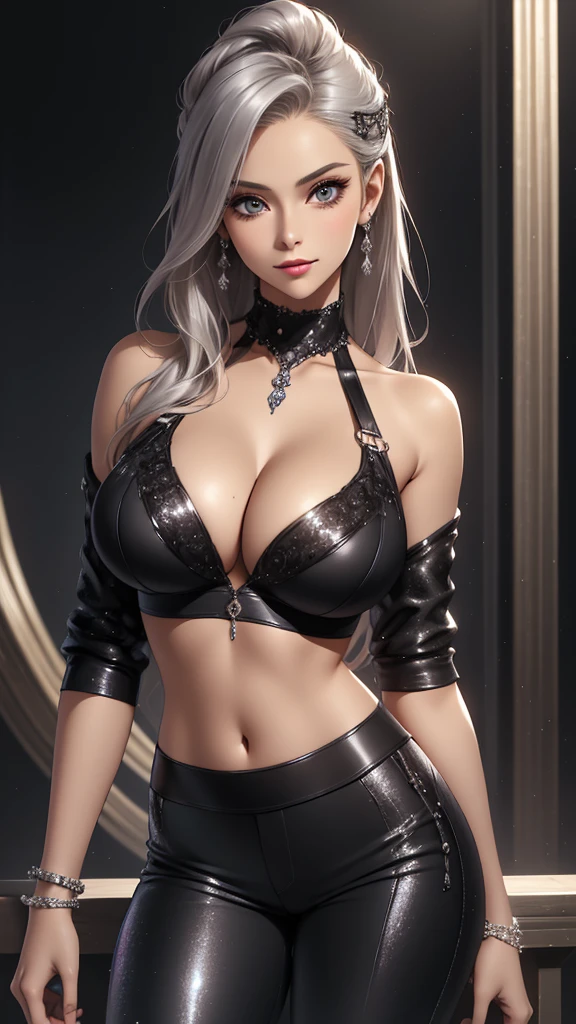 Best quality, masterpiece, realistic, Beautiful sexy cool tall, slim, fit woman, wearing fancy silver-white sequin cropped  top and black pants, intricate and highly detailed, cleavage, long silver hair, body chain, jewelry, perfect breasts, cleavage