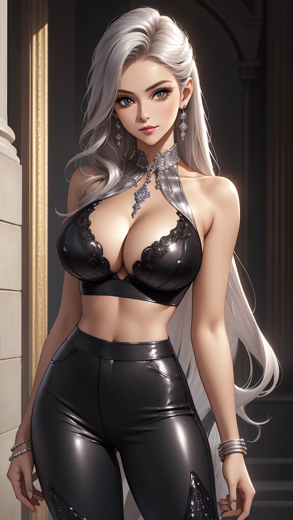 Best quality, masterpiece, realistic, Beautiful sexy cool tall, slim, fit woman, wearing fancy silver-white sequin cropped  top and black pants, intricate and highly detailed, cleavage, long silver hair, body chain, jewelry, perfect breasts, cleavage