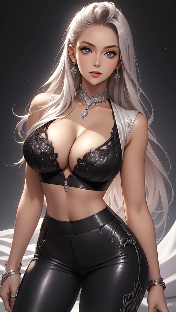 Best quality, masterpiece, realistic, Beautiful sexy cool tall, slim, fit woman, wearing fancy silver-white sequin cropped  top and black pants, intricate and highly detailed, cleavage, long silver hair, body chain, jewelry, perfect breasts, cleavage