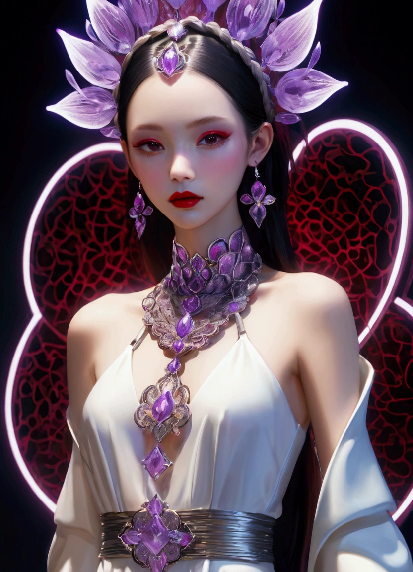 (fashion show:1.3),Alicia Melchiot, Looking at the audience, Cross your arms, Double braid, The model wore an extraordinary avant-garde dress,lotus, Headdress, Violet necklace, 在一场高级fashion show的T台上,Porcelain skin contrasts with deep red lips,She exudes an otherworldly beauty,Experimental photography,Surreal contrasts,Layered Outlines,Complex Mode,Depth and size,translucent,Crystal structure,glowing lines,Fluorescence,Glow Example,Tracking Example,Backlight,Light particle blur,Fractal background