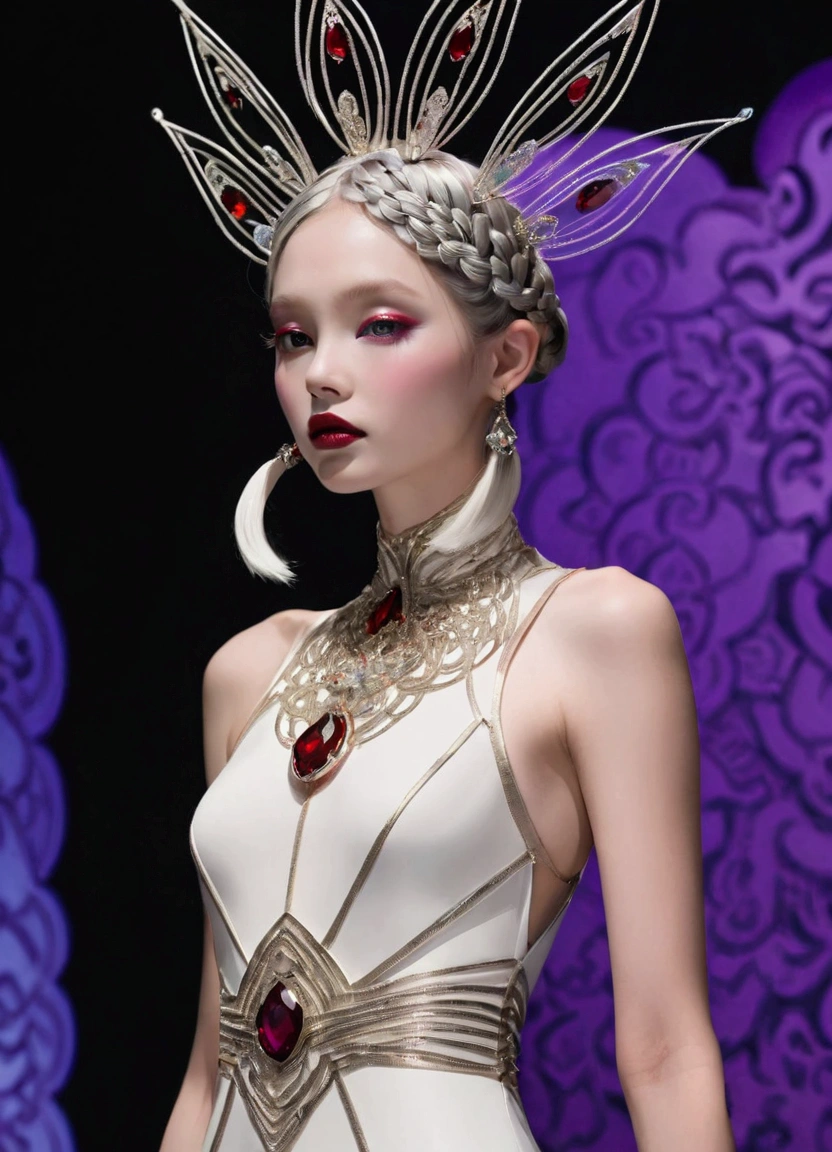 (fashion show:1.3),Alicia Melchiot, Looking at the audience, Cross your arms, Double braid, The model wore an extraordinary avant-garde dress,lotus, Headdress, Violet necklace, 在一场高级fashion show的T台上,Porcelain skin contrasts with deep red lips,She exudes an otherworldly beauty,Experimental photography,Surreal contrasts,Layered Outlines,Complex Mode,Depth and size,translucent,Crystal structure,glowing lines,Fluorescence,Glow Example,Tracking Example,Backlight,Light particle blur,Fractal background