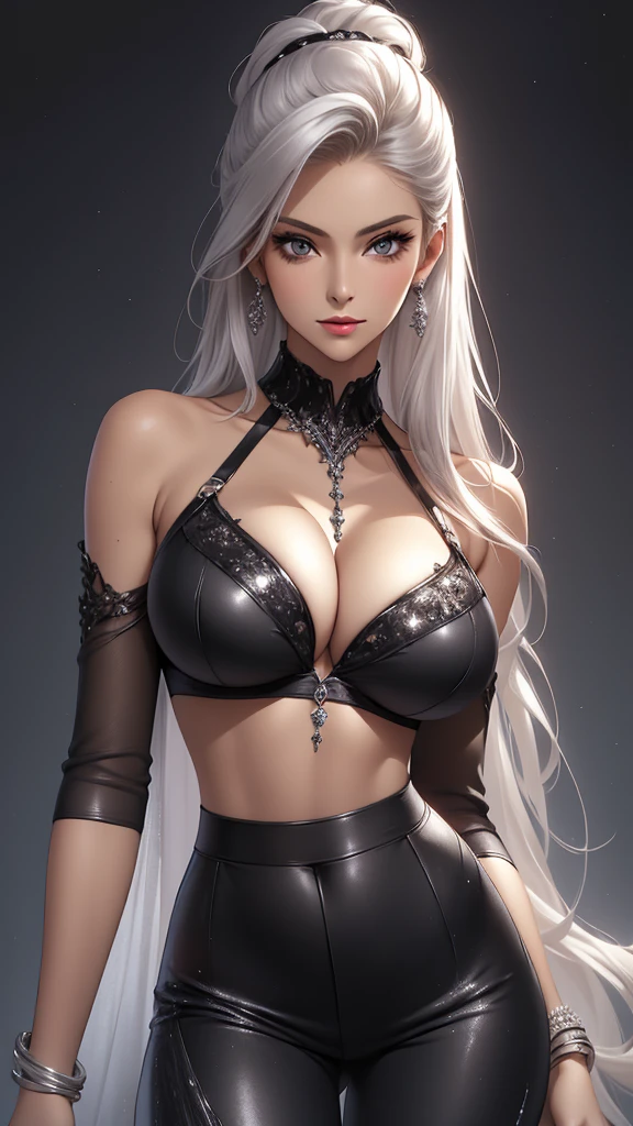 Best quality, masterpiece, realistic, Beautiful sexy cool tall, slim, fit woman, wearing fancy silver-white sequin cropped  top and black pants, intricate and highly detailed, cleavage, long silver hair, body chain, jewelry, perfect breasts, cleavage