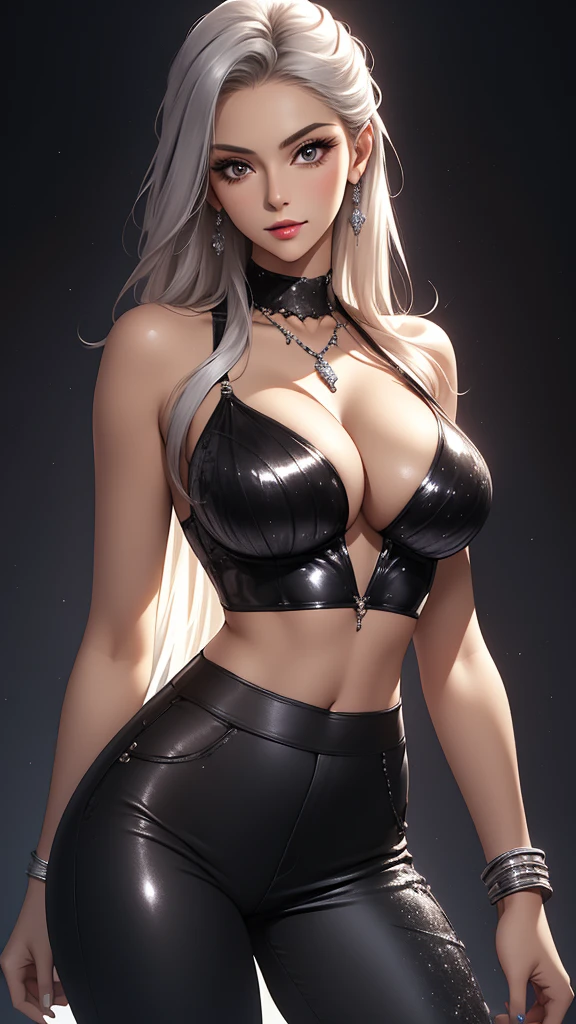 Best quality, masterpiece, realistic, Beautiful sexy cool tall, slim, fit woman, wearing fancy silver-white sequin cropped  top and black pants, intricate and highly detailed, cleavage, long silver hair, body chain, jewelry, perfect breasts, cleavage