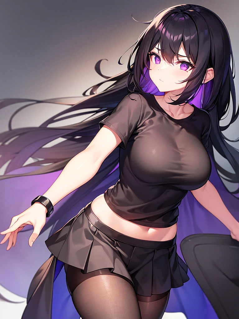 female with black loose hair in black color, purple eyes, black T-shirt, black skirt with stockings, medium breasts