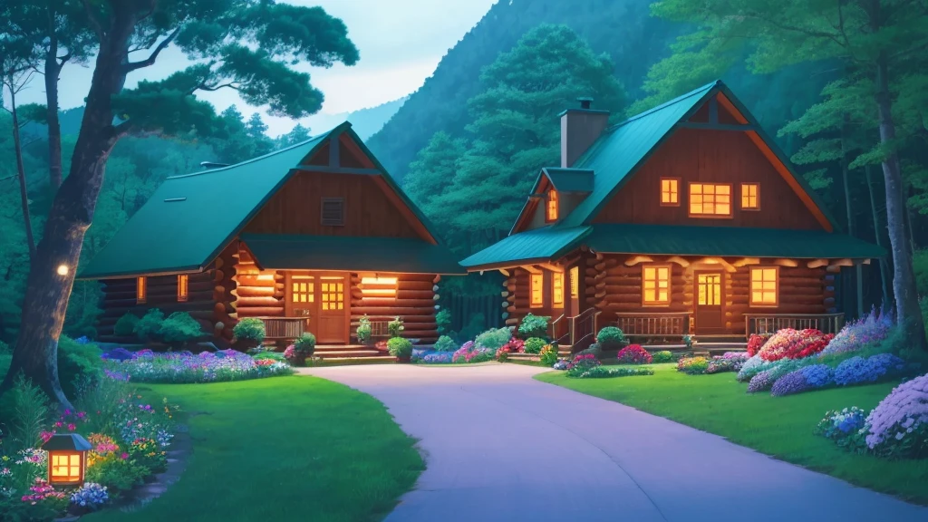 Exterior view of the cabin at dusk，Warm lights shine through the windows and doors，Wooden furniture is placed on the stone path，Surrounded by lush vegetation and blooming flowers。Hanging lanterns add a warm ambience，The whole scene gives people a sense of tranquility and relaxation。Miyazaki manga style