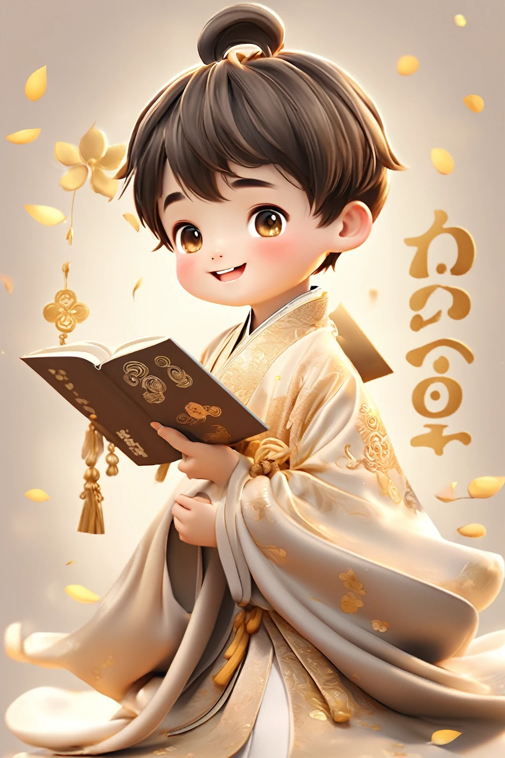 Little boy wearing light golden Hanfu，smiling, Cute numbers, Cute numbers艺术, Beautifully detailed digital art, Cute kawaii boy, Cute super realistic characters, Cute anime boy, Sweet laugh, Realistic cute boy, Beautiful character painting, Lovely characters, Fair skin，Super realistic，Lovely portrait, Cute expression, Kawaii realistic portrait, Take a book and read