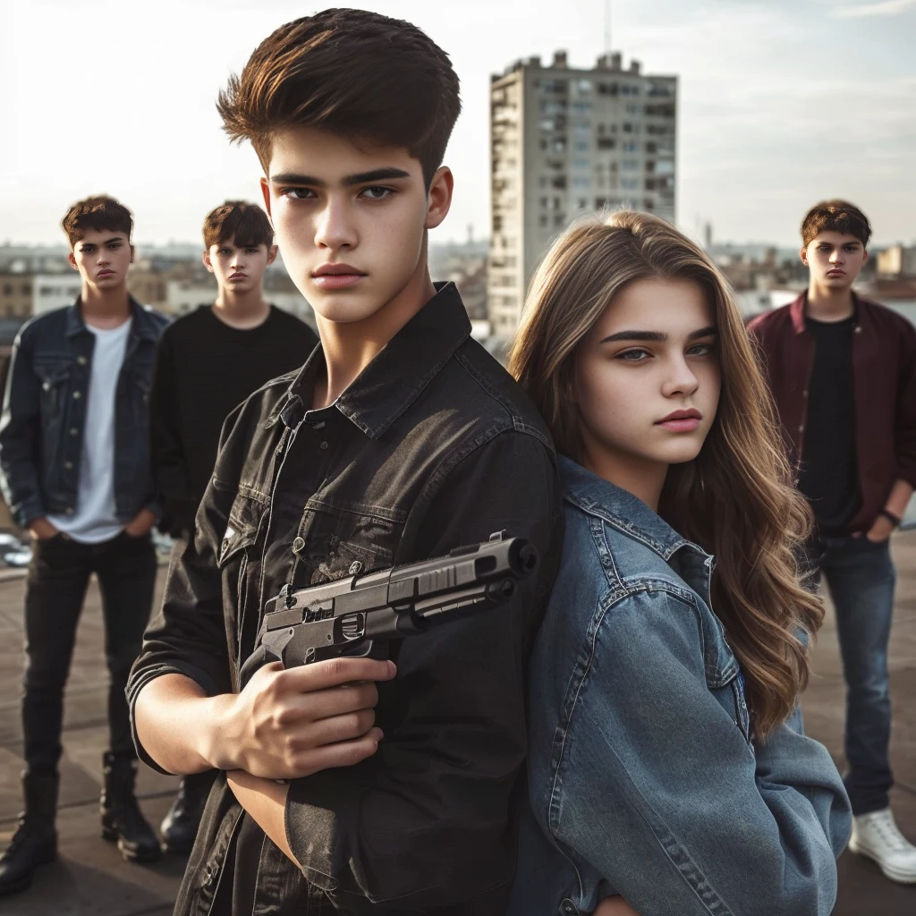 A very handsome and serious 15 years old teenager, wearing t-shirt, jeans and black army boots with a New Caliber, Glock G44 in hand stands back to back with a beautiful teenage girl. A group of teenagers stands behind them. In the background, we see they’re standing on a rooftop with a city stretching behind them.