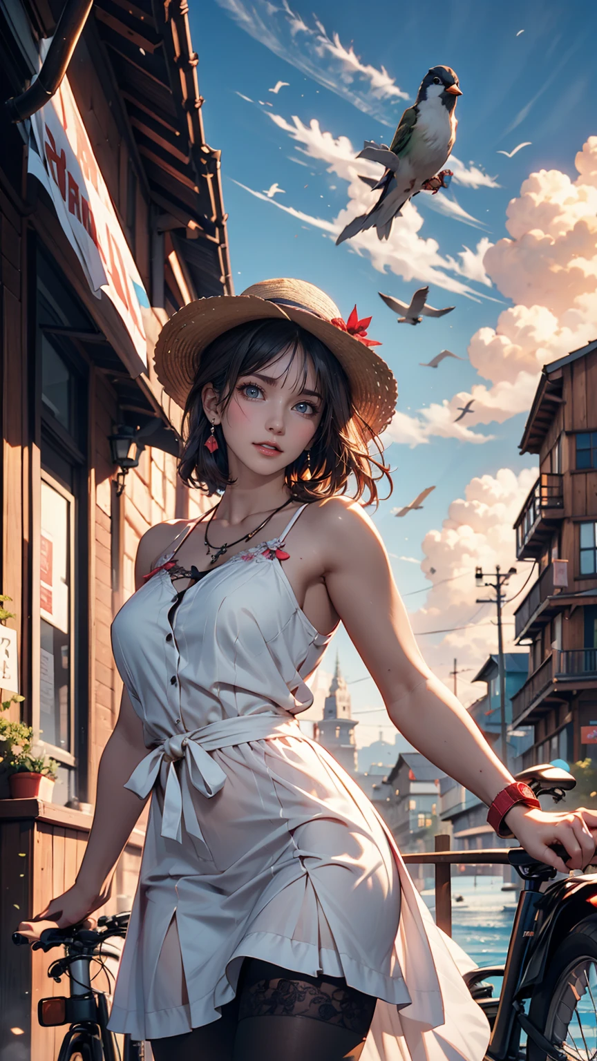 (3d:0.5,Realistic:0.5,photoRealistic:0.5),(Absurd,Super Resolution,masterpiece,Highest quality,In detail,Absurd:1.2), Dramatic Light, Dramatic lighting, Cinematic, Anime Scenery, makoto shinkai, Ghibli, Fantasy World, Magic, Beautiful sky, cloud, building, bike, Airplane trajectory, bird, Dramatic Lighting, Cinematic lighting, sunset, warm sunset, Warm sun, street, Depth of written boundary, Lens flare,19-year-old female、Sexy proportions、erotic、Accessories on your wrist、adult、Narrow waist、Sexy summer dress with lace decoration、Mules（Sandals）、Wide-brimmed hat decorated with ribbon、