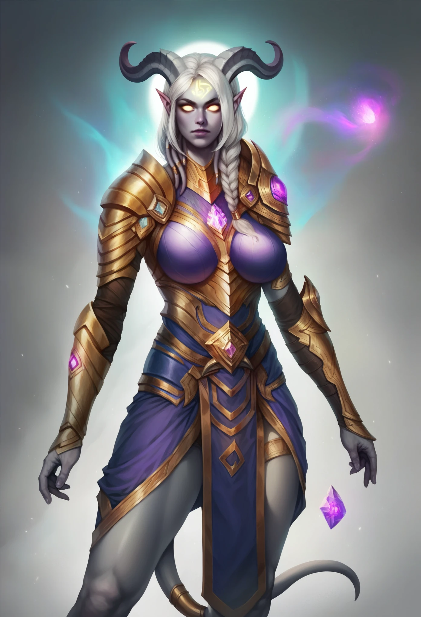 score_8_up, score_7_up, fullbody shot of beautiful lightforged draenei paladin girl, long white hair, single braid, heavy armor with purple gems, big shoulder pads, grey skin, ornate horns, glowing rune on forehead, big breasts, fantasy, ，irmnk style, realistic