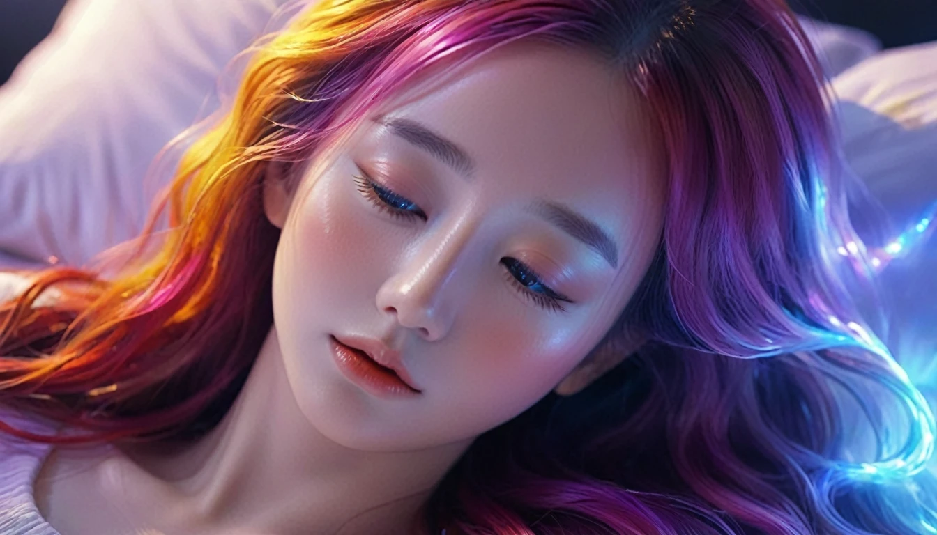 {{masterpiece}}, Highest quality, Highly detailed CG synthesis 8k wallpaper, Cinema Lighting,, A woman is sleeping in bed with her eyes closed，Blankets and pillows nearby,Close your eyes and sleep，Small window in the back， quiet night. , Multi-colored hair, (colorful:1.5), (colorful hair:1.5),