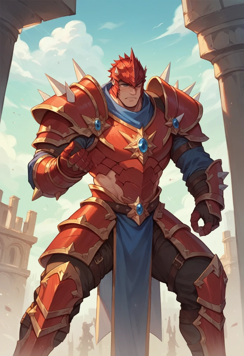 Ultra Detailed, Masterpiece, Best Quality, Epic, Fantasy, Man,Broken Armor, Red Armor, Spikes