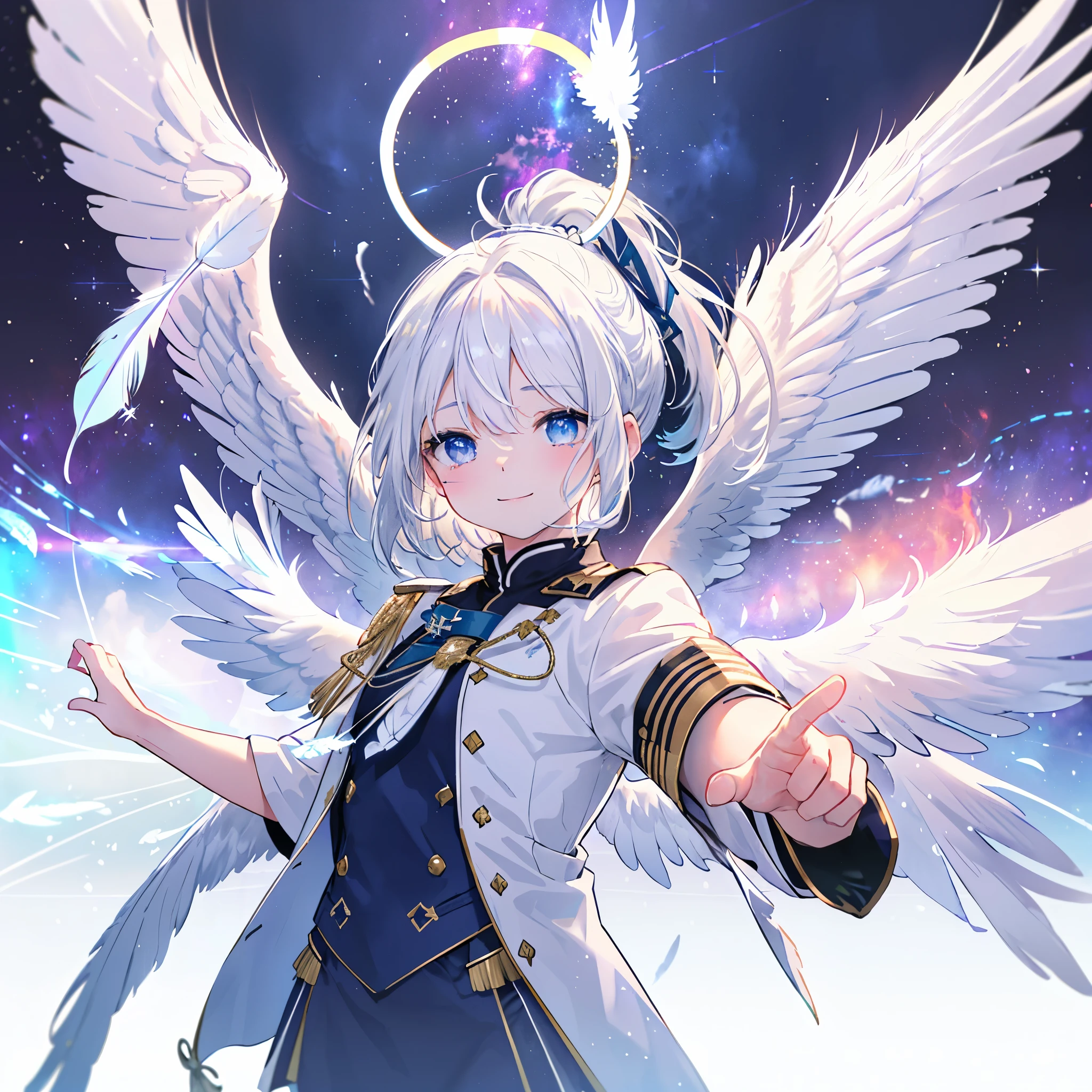 ((((Archangel、4Feathers、Angel Halo Galaxy Background)))) (((uniform White Hair、ponytail White skin、Neon blue eyes、Pop stareteors))) ((Pillar of Light)) (Tears smile) Shining Edge、Shining Background