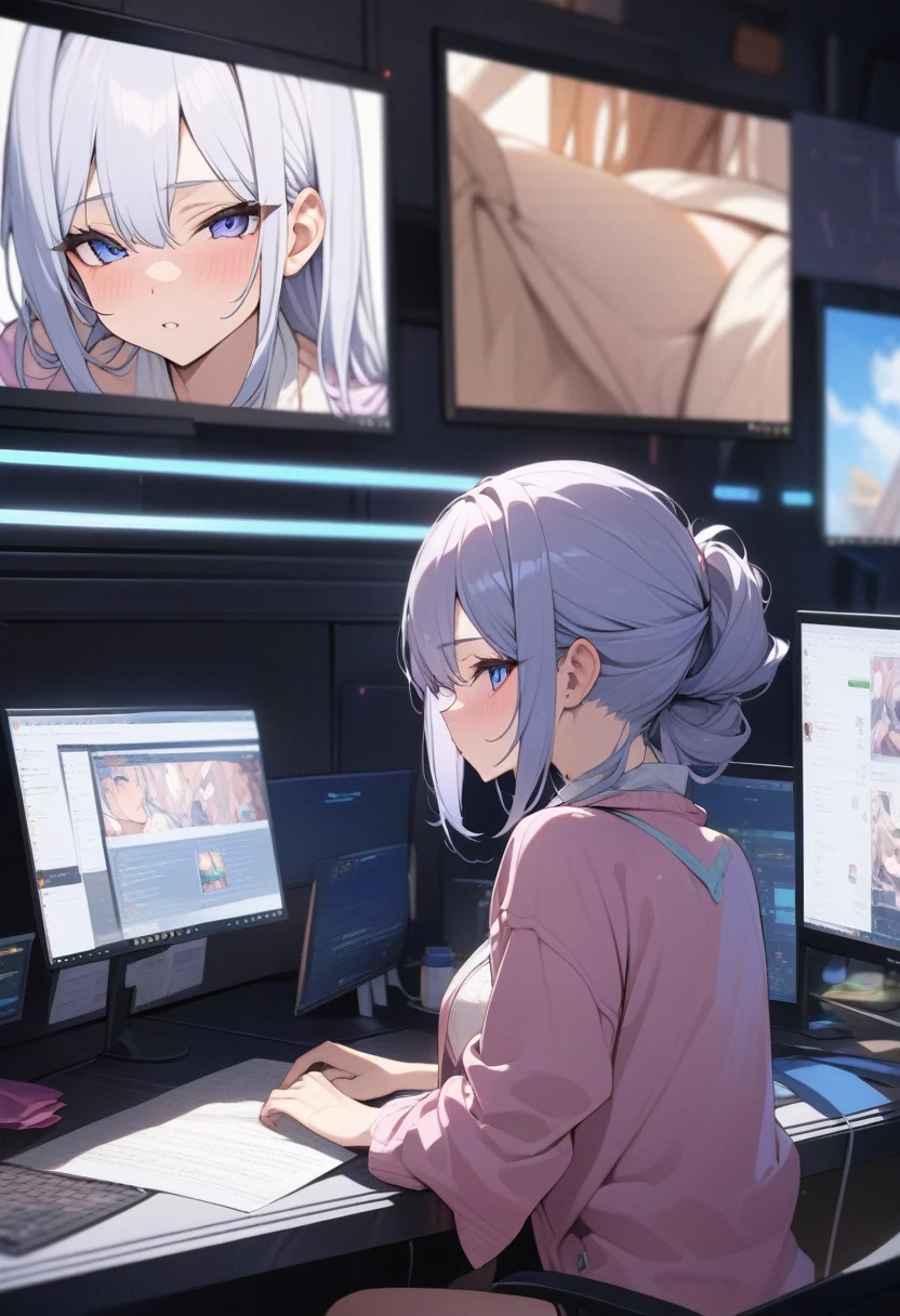 masterpiece, best quality, extremely detailed, ultra detailed, flat anime, 2D, List of girl pictures on the computer's monitors, ((background only)),
