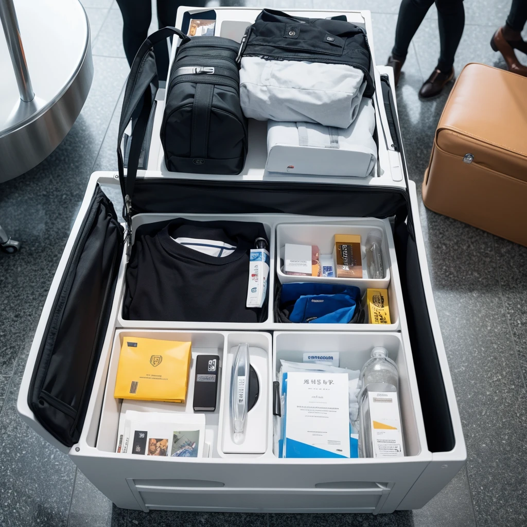 airport security bin with travel essentials and no human model flat lay and top view in super high quality and high resolution