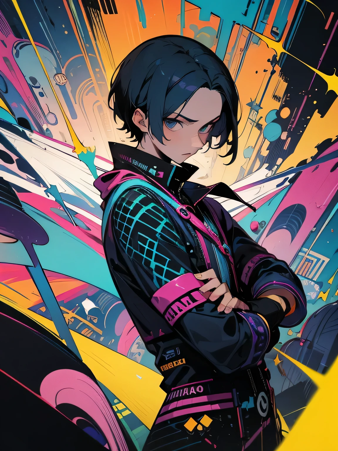 solo, dutch angle, boyish, big forehead, men's short cut, flipped hair, male eyes, male nose, male mouth, handsome features, psychedelic punk clothes, in a snobbish way pose,