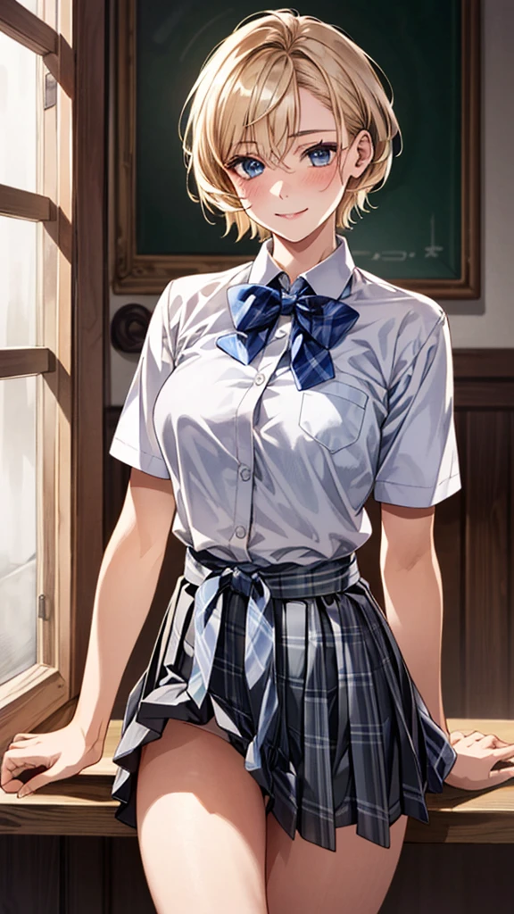 (masterpiece:1.3, Highest quality, Ultra-high resolution, Super detailed), (Realistic, photoRealistic:1.4), Beautiful illustrations, Perfect lighting, Natural light, colorful, Depth of written boundary,
View your viewers, whole body, Front view:0.6, 1 girl, Japanese, high School girl, Perfect Face, (Perfect Anatomy), Cute and symmetrical face, Baby Face, Glowing Skin, ,
(short hair:1.5, Pixie Cut:1.2, Blonde), Hair between the eyes, blue eyes, Long eyelashes, (Large Breasts:0.8),
Beautiful Hair, Beautiful Face, Beautiful attention to detail, Beautiful clavicle, Beautiful body, Beautiful breasts, Beautiful thighs, Beautiful feet, Beautiful fingers,
((Collared short-sleeved shirt, White shirt, Grey plaid pleated skirt, Blue checked bow tie)), White panties,
(Beautiful views), Daytime, (School), Are standing, (Lift up the skirt, Grab the hem of your skirt, please put your hand on your chest, Place your hands between your legs), (Captivating smile, Upward glance),