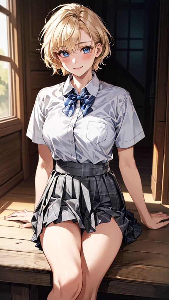(masterpiece:1.3, Highest quality, Ultra-high resolution, Super detailed), (Realistic, photoRealistic:1.4), Beautiful illustrations, Perfect lighting, Natural light, colorful, Depth of written boundary,
View your viewers, whole body, Front view:0.6, 1 girl, Japanese, high School girl, Perfect Face, (Perfect Anatomy), Cute and symmetrical face, Baby Face, Glowing Skin, ,
(short hair:1.5, Pixie Cut:1.2, Blonde), Hair between the eyes, blue eyes, Long eyelashes, (Large Breasts:0.8),
Beautiful Hair, Beautiful Face, Beautiful attention to detail, Beautiful clavicle, Beautiful body, Beautiful breasts, Beautiful thighs, Beautiful feet, Beautiful fingers,
((Collared short-sleeved shirt, White shirt, Grey plaid pleated skirt, Blue checked bow tie)), White panties,
(Beautiful views), Daytime, (School), Are standing, (Lift up the skirt, Grab the hem of your skirt, please put your hand on your chest, Place your hands between your legs), (Captivating smile, Upward glance),