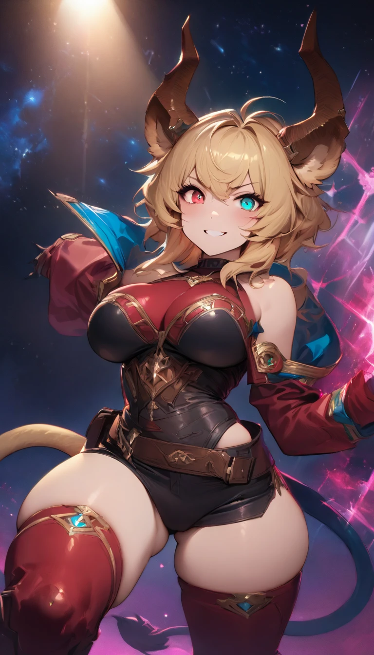 best quality,4k,8k,highres,masterpiece:1.2),ultra-detailed, extremely detailed eyes, extremely detailed body, (large masterpiece digital art), (detailed manga illustration), (detailed line art), ((perfect anatomy)), (intricate details:1.3), (ultra-detailed:1.3), (illustration:1.3), (sharp focus:1.3), (natural lighting:1.05), (vivid colors:1.3), (masterpiece), (best quality:1.4), (perfect anatomy:1.4), high quality, expressive eyes, full body, detailed face, beautiful face, perfect face, 1 girl, tall girl, ((blonde hair)), (raven hair), {{pale skin}}, ({pale skinned female}), chimera, large breasts, thick thighs, very long hair, bare shoulders, denim, (short shorts), dynamic lighting, high resolution, 4k resolution, dynamic pose, silver jewelry, {fantasy background}, choker, animal ears, (lion ears), {{snake head tail}}, (tail), ((streaked hair)), thigh-highs, horns, animal ears, skindentation, curvy, monster girl, heterochromia, hooves, wings, claws, thigh gap, white shirt, brown leather jacket, dynamic lighting, cinematic lighting, dynamic heroic pose, smiling, outer space background, curvy, Atey Ghailan, Jeremy Mann, Greg Manchess, Antonio Moro, trend in ArtStation, trend in CGSociety, Intricate, High Detail, Sharp focus, dramatic and photorealistic painting art by Midjourney and Greg Rutkowski, Jeff Bridges, ((cartoon style)), Marvel Cinematic Universe style