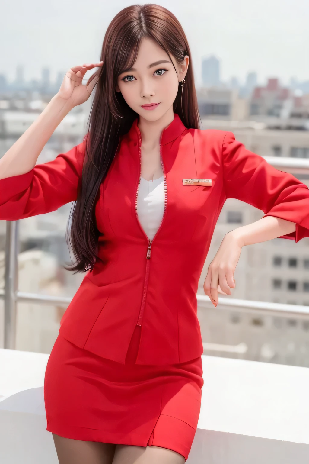 (masterpiece:1.2, Highest quality:1.2), 32k HDR, High resolution, (alone, 1 Girl), (AirAsia stewardess uniform realistic style), A proper woman, Beautiful Face, Brown Hair, (Long hair down to the legs), (Red jacket:1.1, Unzipped jacket, Unbuttoned white shirt:1.05, Red mini skirt:1.1, pantyhose),(Showing big through cleavage in unbuttoned white shirt)、(long hair that reaches down to the legs)、Perfect slim body:1.1, Huge breasts, huge breasts cleavage, Detailed skin texture, Beautiful Eyes, (Attractive look:1.2), necklace、Earrings、(forward leaning posture:1.5), On the roof of a building, Rooftop at daytime,blue eyes、Hands should be lowered