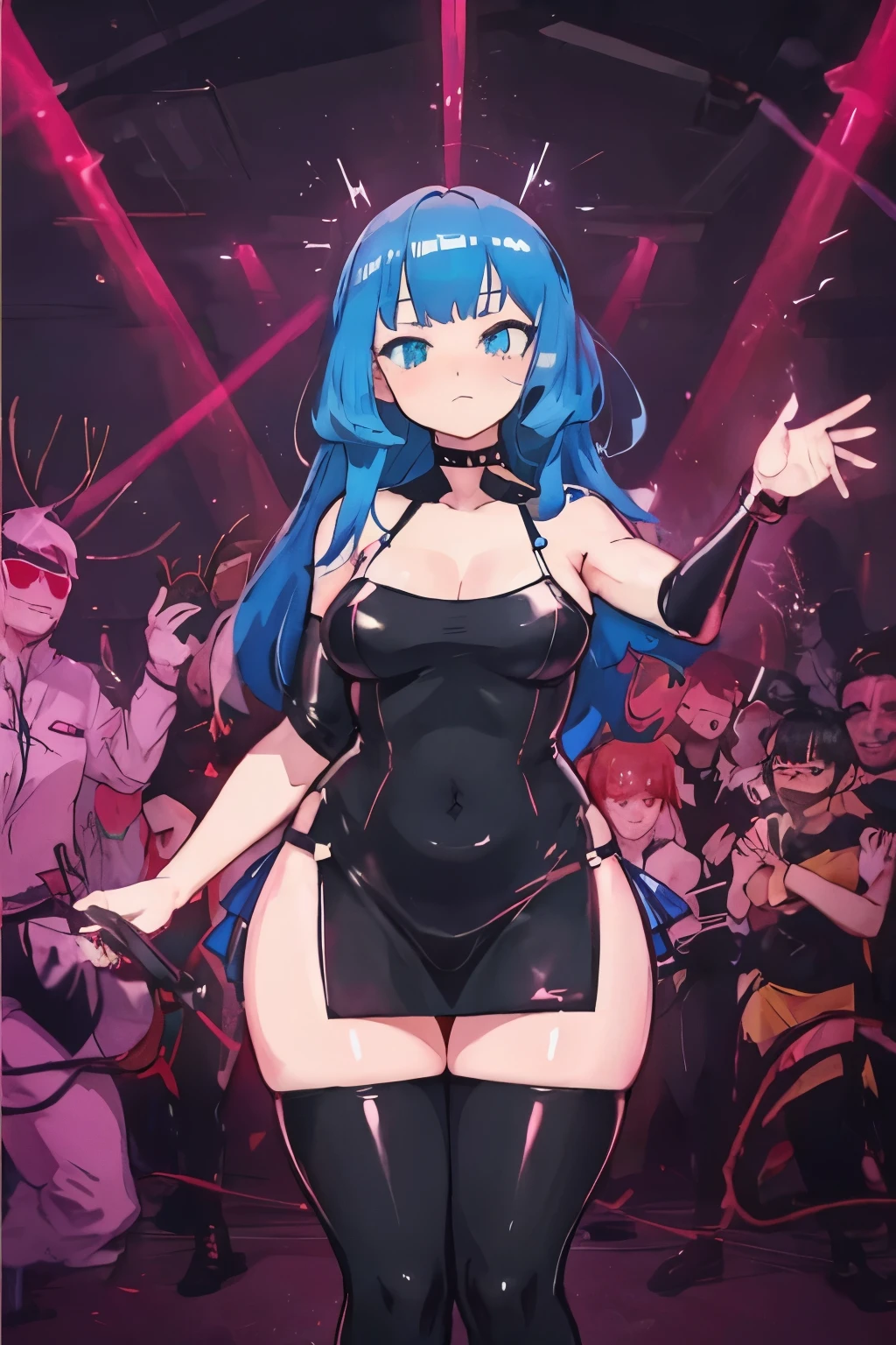 Curvy anime woman at a nightclub in a latex dress. Curvy, big breasts, tight dress, thick thighs, stomach bump, confidence, beautiful. Dress is black, and goes to her mid thighs, making a small crease in her thighs, the neckline dips low to show under, and the sleeves are spaghetti strap. The background is detailed, you can not see other characters but the room is dark except for some bright colored lights reflecting onto the latex. 