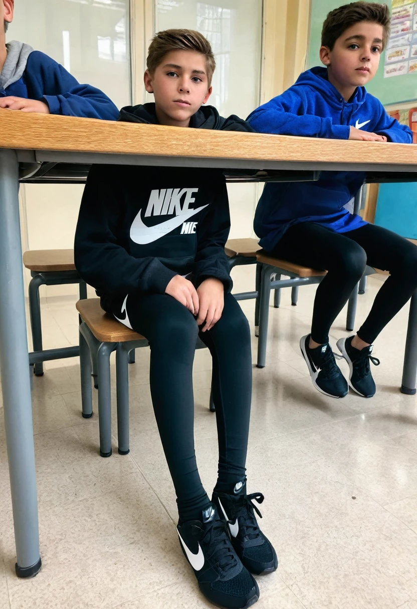 boys in Nike leggings sit with their legs wide apart in school and I look at their legs under the table
