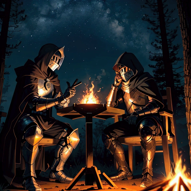 Create an image of two knights sitting and talking around a campfire at night. The first knight is wearing full armor with a closed helmet, while the second knight is wearing a cloak with a hood that partially covers his face. They are sitting near a burning campfire, with a dark night sky and stars in the background. Ensure that details such as the armor, cloak, and the campfire light illuminating their faces are clearly visible.