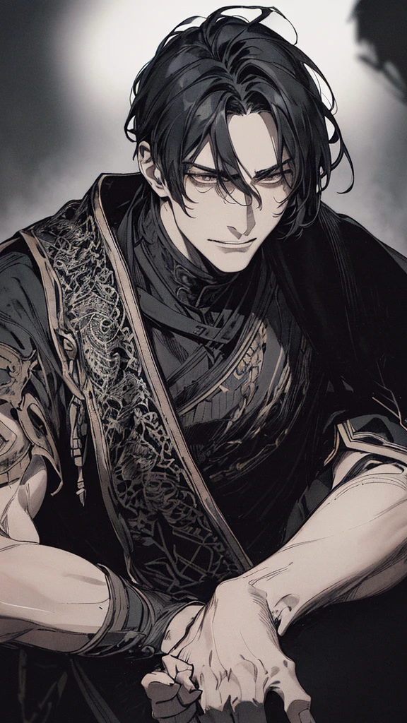Best quality, (background_detail), high_contrast, detail_original_illustration, warrior, muscular, villain face, armored, full_body, medieval, crease between eyes, young man, man in 20s, dark_stitch_landscape, (dramatic_lighting:1. 25), (shaded_background:1.2), black_hair, (short black hair:) 1.1 ), Large figure, Delicate face, Evil smile, Sharp eyes, Black background, (Black background:1.5), Beautiful line drawing, Black and white