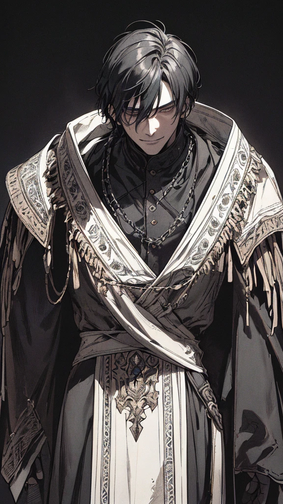 Best quality, (background_detail), high_contrast, detail_original_illustration, warrior, muscular, villain face, armored, full_body, medieval, crease between eyes, young man, man in 20s, dark_stitch_landscape, (dramatic_lighting:1. 25), (shaded_background:1.2), black_hair, (short black hair:) 1.1 ), Large figure, Delicate face, Evil smile, Sharp eyes, Black background, (Black background:1.5), Beautiful line drawing, Black and white