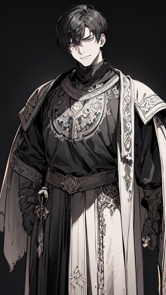Best quality, (background_detail), high_contrast, detail_original_illustration, warrior, muscular, villain face, armored, full_body, medieval, crease between eyes, young man, man in 20s, dark_stitch_landscape, (dramatic_lighting:1. 25), (shaded_background:1.2), black_hair, (short black hair:) 1.1 ), Large figure, Delicate face, Evil smile, Sharp eyes, Black background, (Black background:1.5), Beautiful line drawing, Black and white