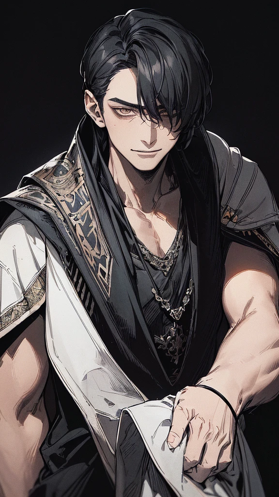 Best quality, (background_detail), high_contrast, detail_original_illustration, warrior, muscular, villain face, armored, full_body, medieval, crease between eyes, young man, man in 20s, dark_stitch_landscape, (dramatic_lighting:1. 25), (shaded_background:1.2), black_hair, (short black hair:) 1.1 ), Large figure, Delicate face, Evil smile, Sharp eyes, Black background, (Black background:1.5), Beautiful line drawing, Black and white