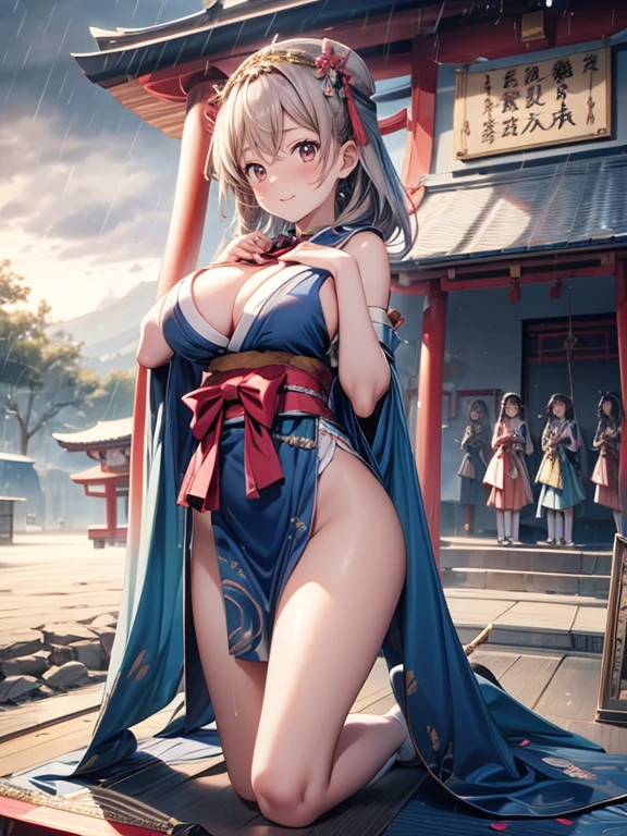 Highest quality, Super detailed, (Ultra-high resolution,8k), Ultra-high definition 4K, (Perfect Anatomy, Anatomically correct), (Five Sensual Shrine Maidens:1.4), Full body photography, (Beautiful Eyes), (Detailed eyes), (High-quality facial beauty), (In the Storm:1.2), Friendly atmosphere, soft skin, Glowing Skin, Bright lighting, Very heavy rain, colorful, Goddess-like beauty, (Five cute shrine maidens:1.4), (Big Breasts), Painting, Japanese Shrine