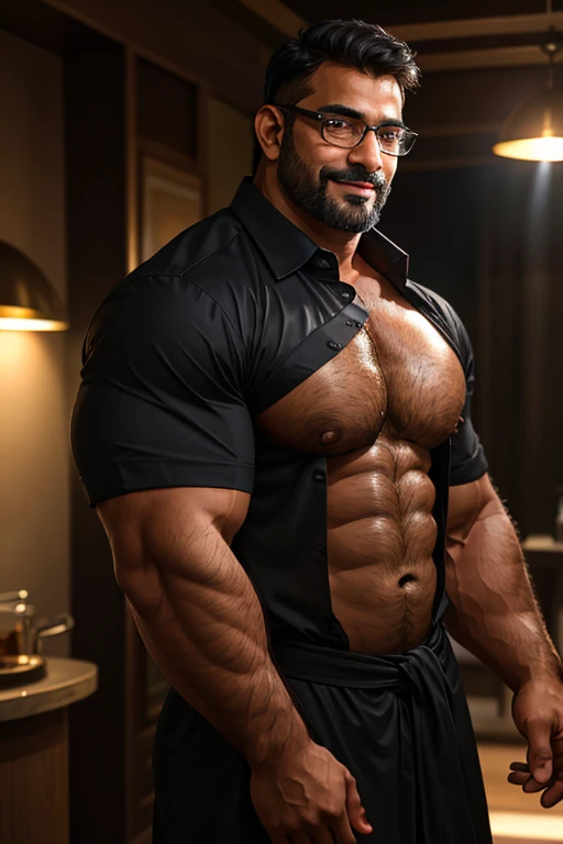 An original award-winning photo，A wild muscular indian man, (40 years old indian daddy:1.1), 1st grade, standing alone, (black dress shirt), (large shoulders, stubbles, short beard, Beautiful  eyes:1.3, ), (face detailed:1.3), wearing glasses, smiles, Dynamic angle, Volumetric lighting, (best quality, A high resolution, photorrealistic), Cinematic lighting, master part, Foto RAW, details Intricate, HDR, Depth of field, upper-body shot, dadbody, hairy(stocky), beefy