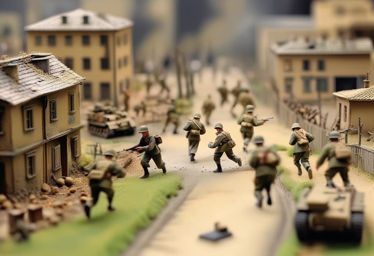 Miniature model of World War II Germany, tilt-shift photo, Allied invasion of Italy, CG Society competition winner, Model Society competition winner, photo realism, soldiers running on the battlefield, firing at each other, shelled Buildings, fences, war cries, World War II vehicles, detailed model toys with a sense of reality, beautiful art UHD 8K, ultra-detailed miniature models