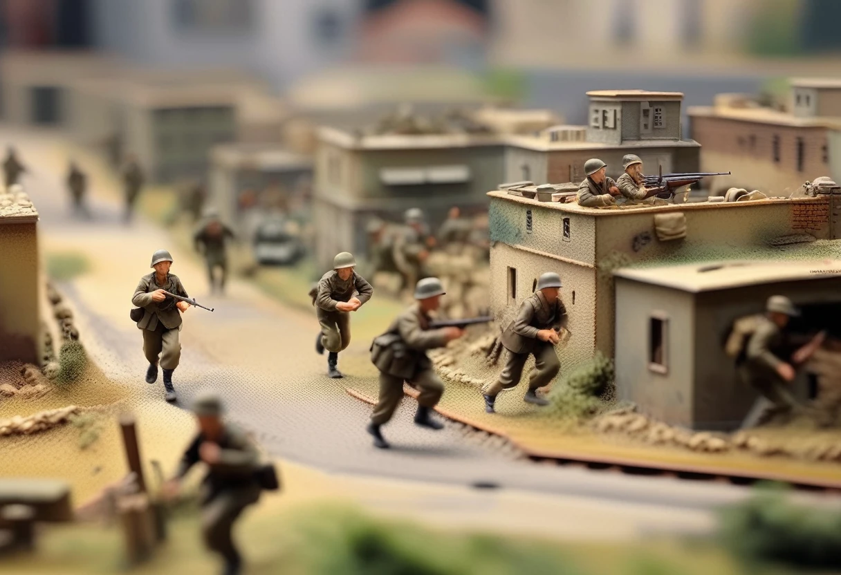 Miniature model of World War II Germany, tilt-shift photo, Allied invasion of Italy, CG Society competition winner, Model Society competition winner, photo realism, soldiers running on the battlefield, firing at each other, shelled Buildings, fences, war cries, World War II vehicles, detailed model toys with a sense of reality, beautiful art UHD 8K, ultra-detailed miniature models