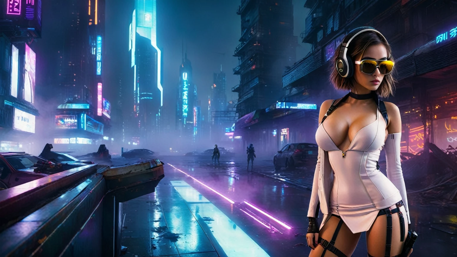 dark futuristic landscape, at night, neon lights, Atmospheric fog, large buildings in the background, futuristic city, streets with open shops, skyscraper (postapocalyptic city:1.3). (((1girl, solo, alone))), large-breast:1.2 slim body, cleavage:1.1, sexy miniskirt, (((headphone, black sunglasses, standing and holding pistol pose))), (((half-body thigh level medium shot))), cinematic lighting, lens flare, ray tracing.