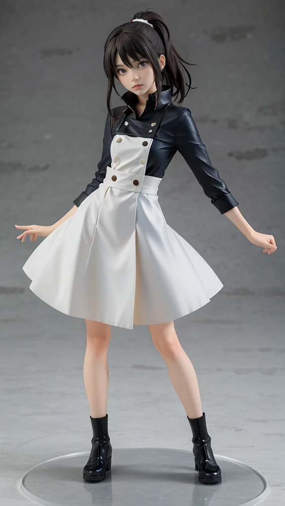 A realistic, high-detailed, full-body render of an anime-style girl ,ponytail, expressive blue eyes,The background is a neutral, slightly textured grey,((Movie sound crew))