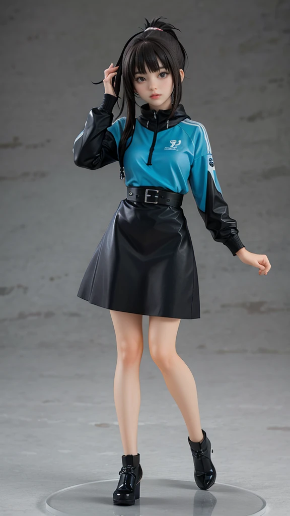 A realistic, high-detailed, full-body render of an anime-style girl ,ponytail, expressive blue eyes,The background is a neutral, slightly textured grey,((Movie sound crew))