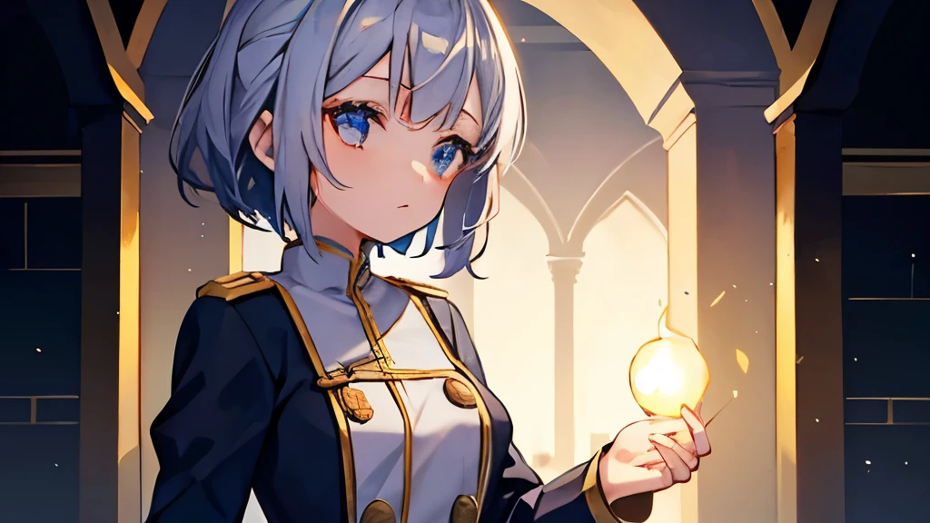 A girl in a uniform holding a small light in her palm、
