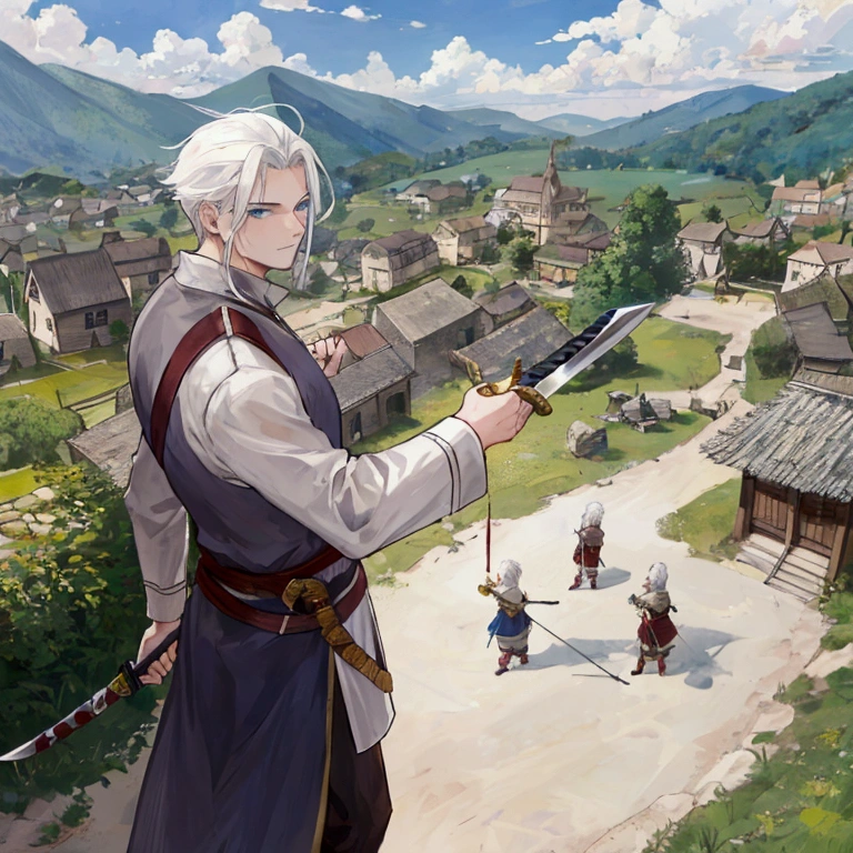 A mature man with white hair, adventurer's outfit, holding a sword, teaching the basics of defense and attack to the villagers, instructing villagers in training in the town square