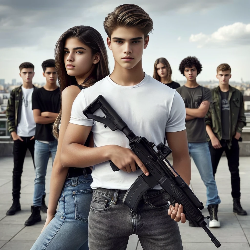 a handsome and serious 15 years old teenager, wearing t-shirt, jeans and black army boots with a Beretta M9l in hand stands back to back with a beautiful teenage girl. A group of teenagers stands behind them. In the background, we see they’re standing on a rooftop with a city stretching behind them.