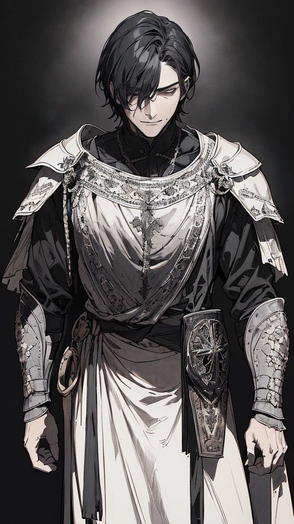 Best quality, (background_detail), high_contrast, detail_original_illustration, warrior, muscular, villain face, armored, full_body, medieval, crease between eyes, young man, man in 20s, dark_stitch_landscape, (dramatic_lighting:1. 25), (shaded_background:1.2), black_hair, (short black hair:) 1.1 ), Large figure, Delicate face, Evil smile, Sharp eyes, Black background, (Black background:1.5), Beautiful line drawing, Black and white